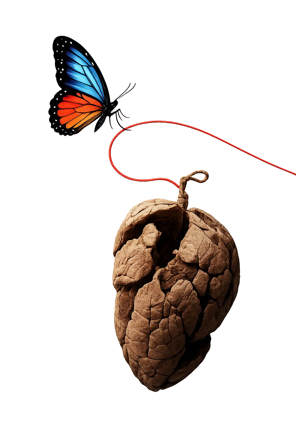 A butterfly emerging with a red thread